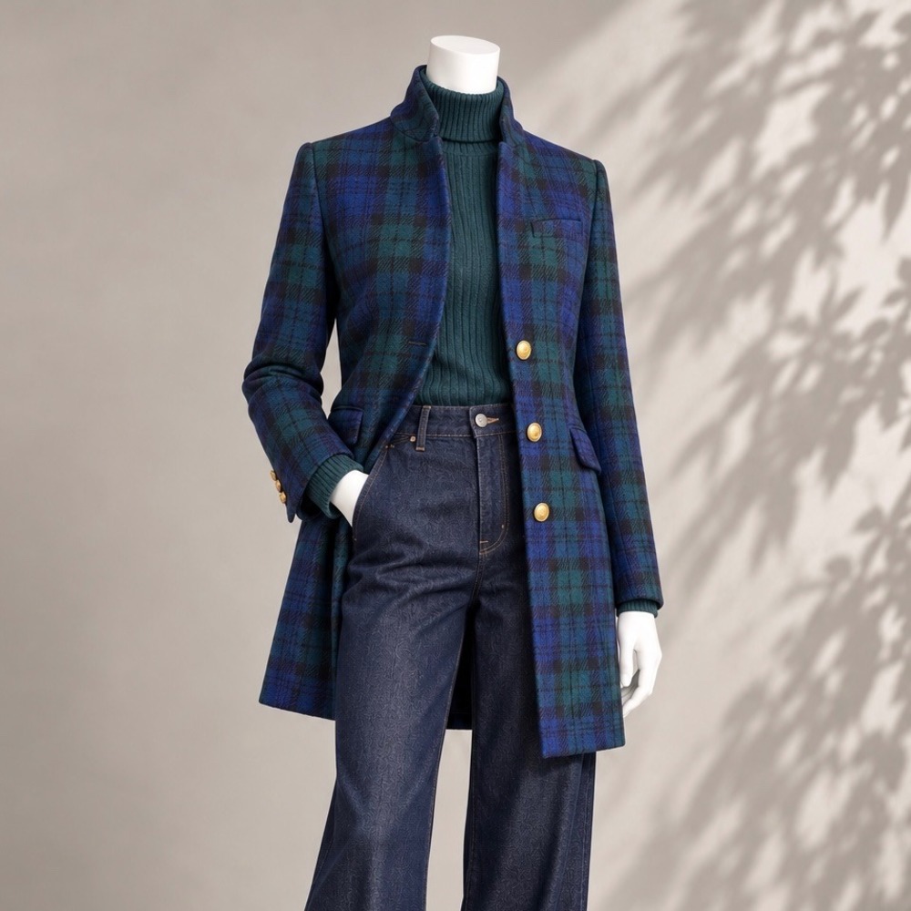 J Crew Regent Blackwatch Tartan Plaid Wool Coat 4 Navy Green Gold Button Preppy